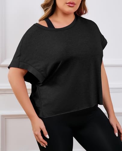 Fisoew 3X-Large Black Women's Plus Size Open Back Workout Top - Backless Athletic Shirt