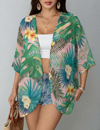 Floral Chiffon Beach Cover Up Kimono Cardigan - Pink Tropical, Medium