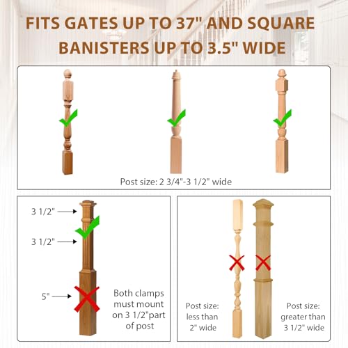 2 Pcs No Hole Stairway Baby Gate Adapter - Fits Round & Square Banisters, Compatible with Most Hardware and Pressure Mount Baby Gates Up to 37 inches Tall