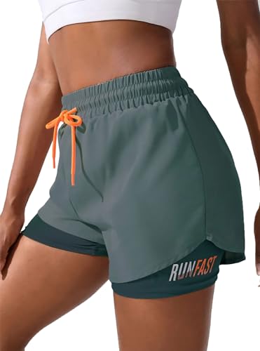 2 in 1 Women's Workout Shorts - Gym, Yoga, Running Skirt - Large, Green