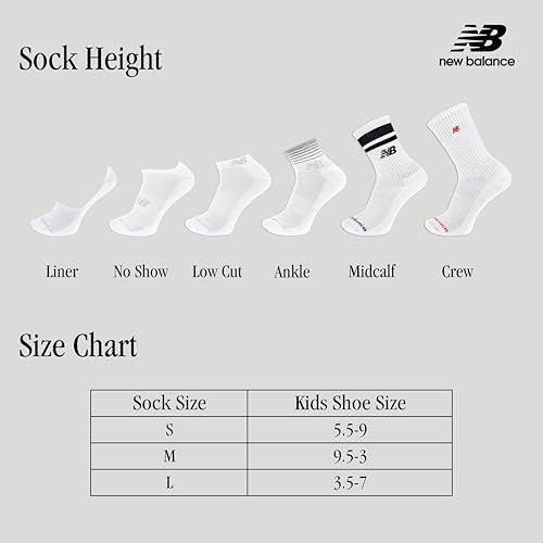 New Balance Kids' Cushioned Performance Liner Socks 8 Pairs - Large White (Pink/Teal Logo)
