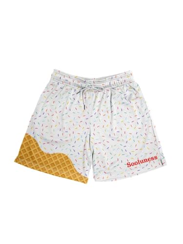 Sooluness Men's White Mesh Graphic Print Shorts Medium - 5 Inch Inseam Casual Gym & Sports
