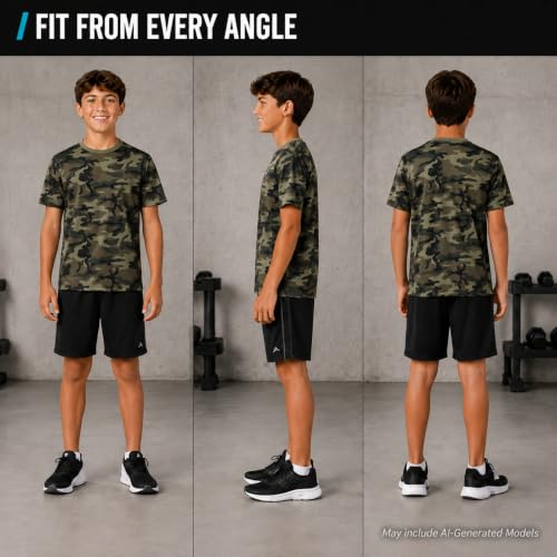 RBX Boys T-Shirts Pack - 2 Lightweight Moisture Wicking Crewnecks, Green Camo, 14-16