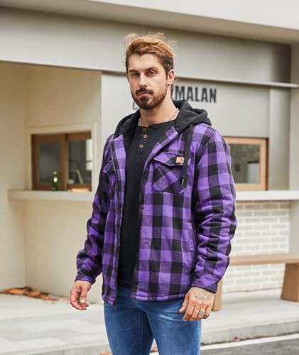 Dekomere Mens Flannel Shirt Jacket Sherpa Lined Plaid Hoodie X-Large Dark Purple