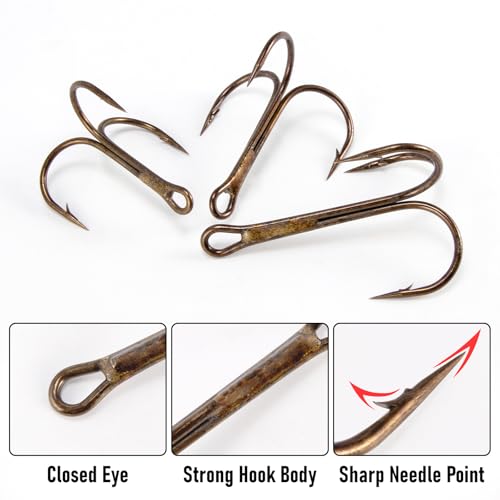 Round Bend Treble Hooks - 30 Pack #16 Bronze for Fishing