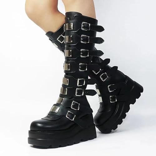 Women’s Platform Punk Goth Mid Calf Boots - Chunky Heel - Black