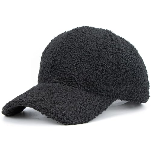 Faux Shearling Baseball Cap - Unisex Winter Hat, One Size Black