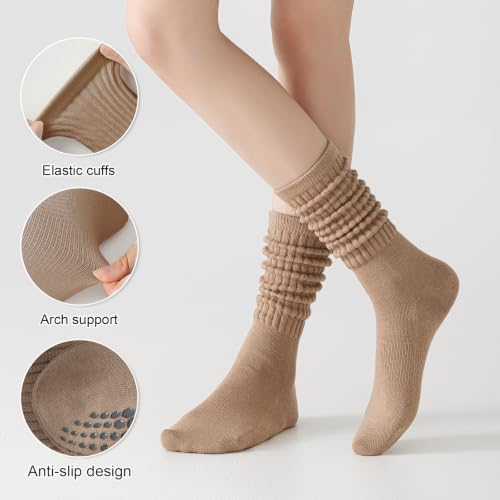 Non-Slip Grip Pilates Socks - 3 Pairs in Beige, Khaki, Brown
