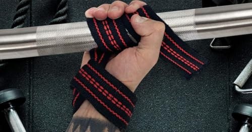 Powerlifting Straps - Heavy Duty Cotton Wrist Wraps Red with Grey Stripe