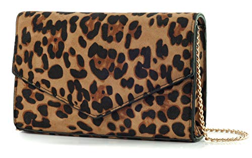 HOXIS Brown Leopard Print Envelope Evening Clutch with Chain