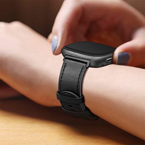 Genuine Leather Watch Band for Fitbit Versa 4/3 & Sense 2 - Black