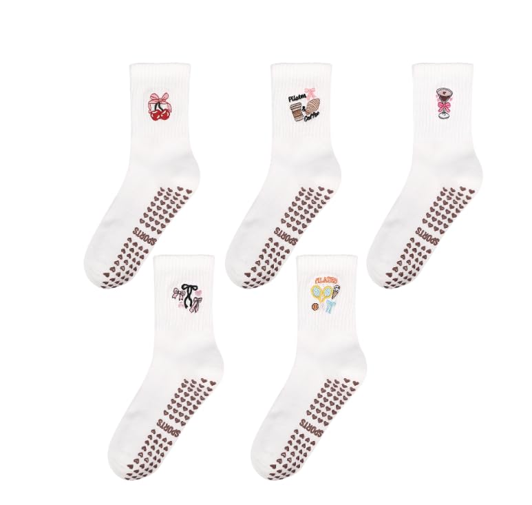 Pilates Socks with Grips for Women - Cute Ruffled - White Embroidery