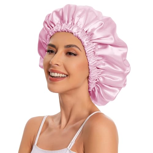 Satin Bonnet for Sleeping - Double Layer Curly Hair Cap - Dark Pink