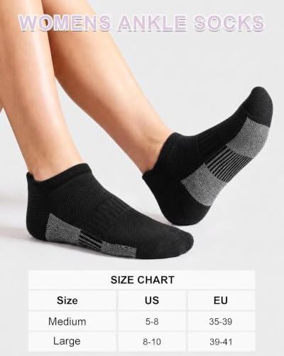 Womens Cotton Ankle Socks - 6 Pairs Athletic Running Socks - Black