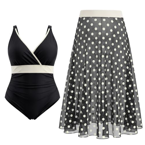 Plus Size Women's One-Piece Swimsuit with Cover Up Skirt - XX-Large Black Dot