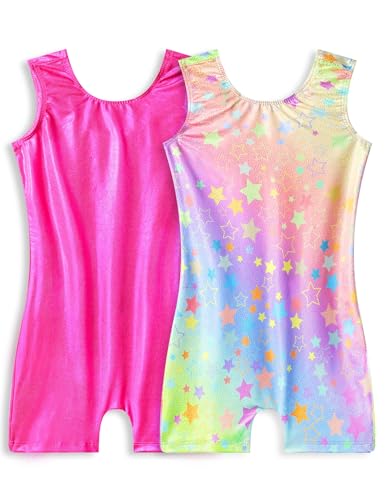 Sleeveless Sparkly Gymnastics Leotards for Girls - 4-5T Rainbow Stars & Rose Red