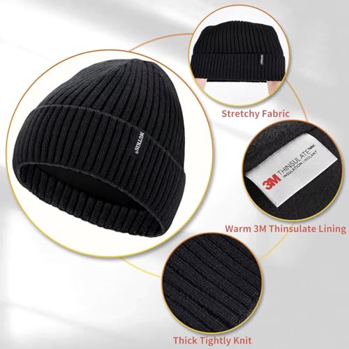 MUTKIS Beanie Hat 30% Merino Wool Knit Black – Unisex Warm Lined Winter Hat