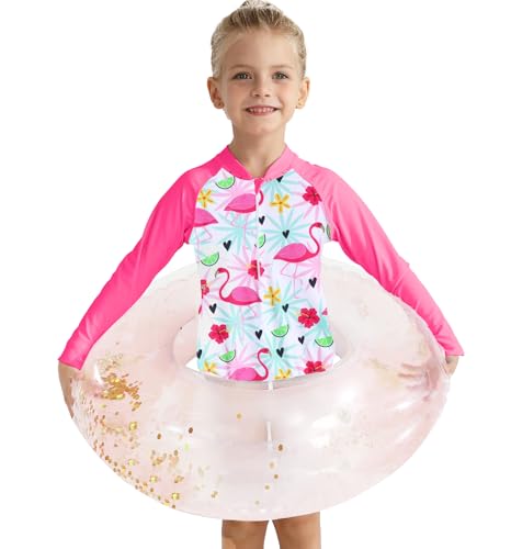 Girls Long Sleeve Swimsuit - Zipper Rash Guard, UPF 50+, Pink Flamingo, 5-6 Years