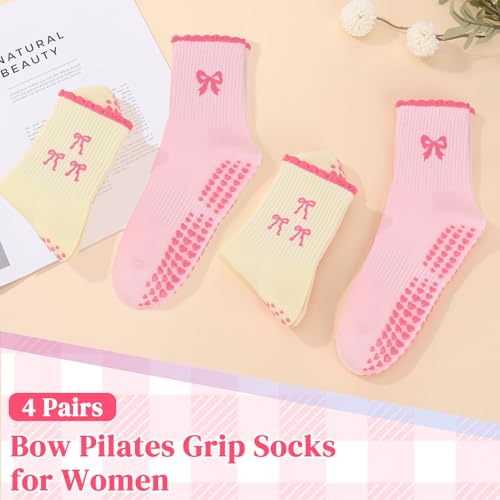Cute Pilates Socks with Grips for Women - 4 Pairs Pink Yellow Bow
