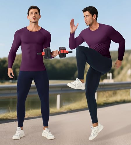 Men's Long Sleeve Compression Shirt - Cool Dry Athletic Top - Wine Red, X-Large