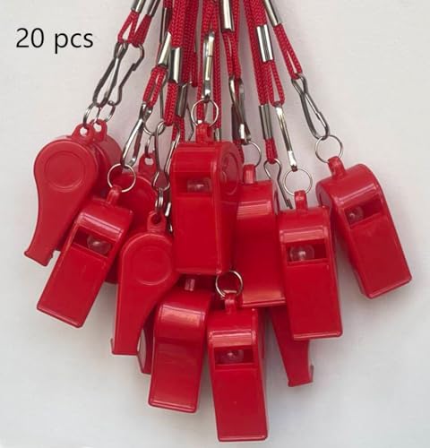 Red Plastic Sports Whistles with Lanyard - 20 Pack Referee & Emergency Use