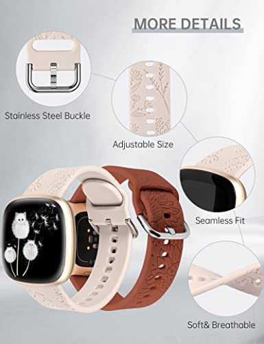Minyee Floral Silicone Band for Fitbit Versa 4/3 & Sense 2 - Starlight & Brown, Sunflower & Dandelion Design, Soft Sport Strap for Women