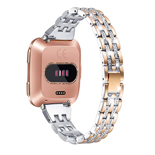 Mtozon Rhinestone Metal Replacement Band for Fitbit Versa 2/Versa Lite, Copper Gold with Silver