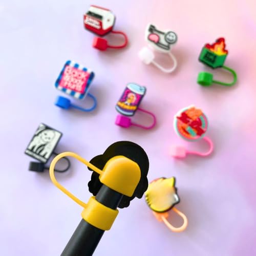 Funny Straw Toppers Set - 9PC Silicone Lid Covers for Tumbler