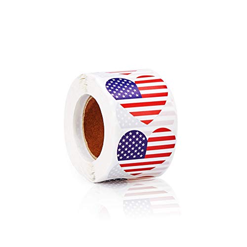500-Count American Flag Stickers - Heart Shaped, 1.25 x 2.125 Inches