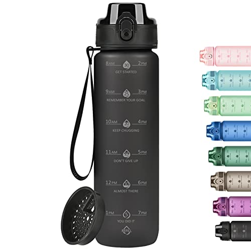 Black 32oz Motivational Water Bottle with Time Marker & Strap - BPA-Free Leak-Proof