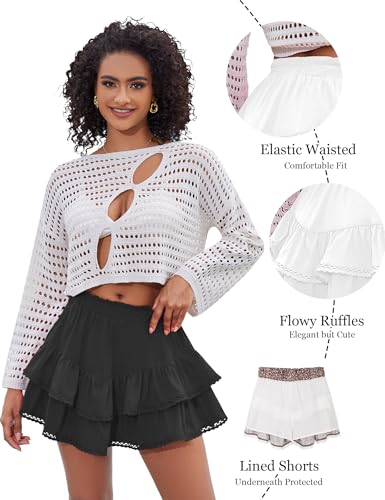 Flowy Ruffle Tiered Skorts for Women - Black, Medium