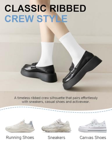 Womens Cotton Crew Socks - Thin Long Casual Workout - 5 Pairs White