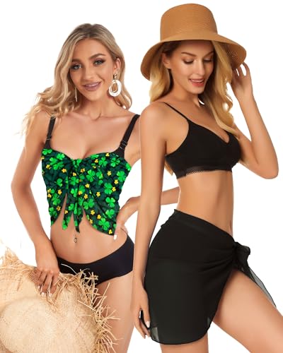 2-Piece Women's Sheer Beach Sarong Swimsuit Cover Up - Black & Green Clover