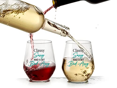 Classy Sassy Funny Wine Glass 15 oz Stemless Gift for Women Men - USA Made