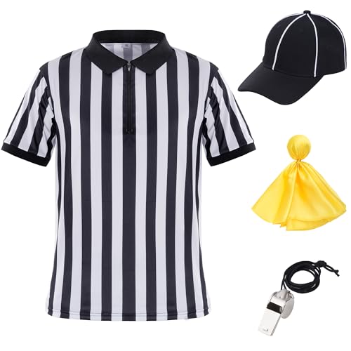 3X-Large Referee Shirt for Men and Women - Stripe Umpire Jersey with Hat, Penalty Flag & Whistle