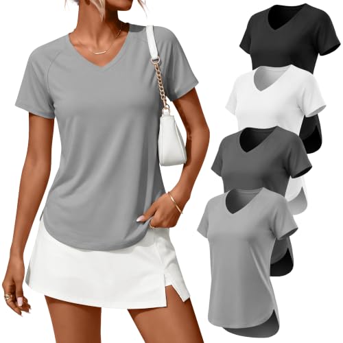 Velvelhall 4-Pack Women's V Neck Workout Shirts Large Black White Gray Activewear