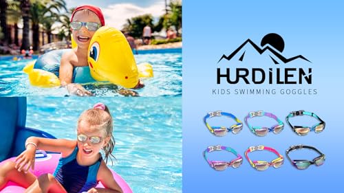 Hurdilen Mirrored Rainbow Kids Swimming Goggles with Nose Clip & Earplugs - Age 3-15