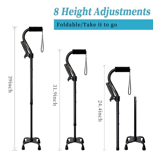 AOHHL Black Foldable Quad Walking Cane with Adjustable Height & Soft Handle – Lightweight, Sturdy, Self-Standing Support for Seniors & Adults - Model: black1