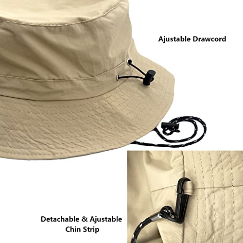 Woogwin Waterproof Bucket Hat with Chin Strap - Quick Dry, Packable Sun & Safari Hat, Khaki, Medium-X-Large