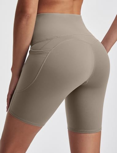 Women's High Waisted Biker Shorts with Pockets - Cream X-Large 8" Tummy Control Yoga & Workout Leggings