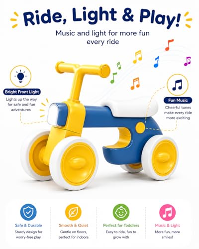 Henry & Colin Blue First Balance Bike for 12–36 Months, 4-Wheel Toddler Ride-On with Lights & Music