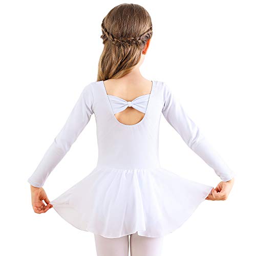 Girls' Ballet Dance Leotard with Skirt - White Long Sleeve, 10-11 Years