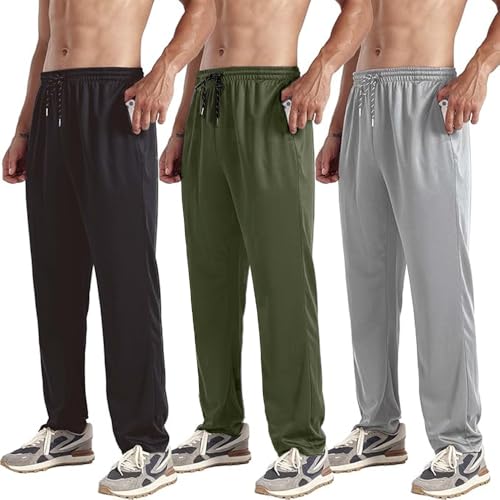ZH 3 Pack Men's Lightweight Quick Dry Joggers with Pockets - Open Bottom Athletic Pants - Black/Grey/Army Green, Medium