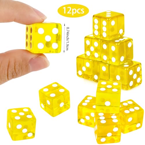 12-Piece 19mm Translucent Casino Dice Set - Yellow Square Corner Gaming Dice