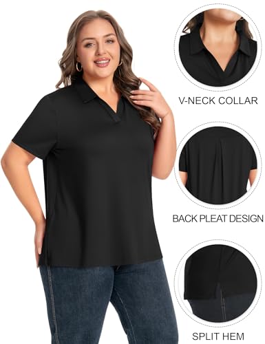 Idtswch Women's Plus Size Black 2X V-Neck Short Sleeve Golf Polo UPF 50+ Quick Dry