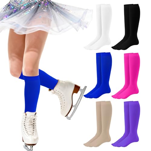 Ice Skating Socks - 6 Pairs High Knee Nylon for Women & Girls - Multi