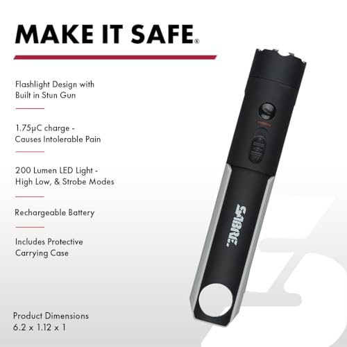 SABRE 2-in-1 Flashlight Design with Built-in Stun Gun, Powerful 1.76 ?C Charge, 200 Lumen LED with 3 Modes; High, Low and Strobe, Rechargeable Battery, Hard Case and USB-C Charging Cord Included