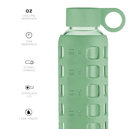Purifyou 12oz Shale Green Borosilicate Glass Water Bottle with Time & Volume Markers, Silicone Sleeve, Stainless Steel Lid