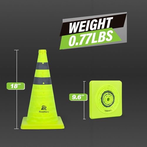 RoadHero 18 Inch 4 Pack Collapsible Traffic Safety Cones, Lime Green Pop-up Cones with Reflective Collar for Road Safety, Driving Training, Parking Lots