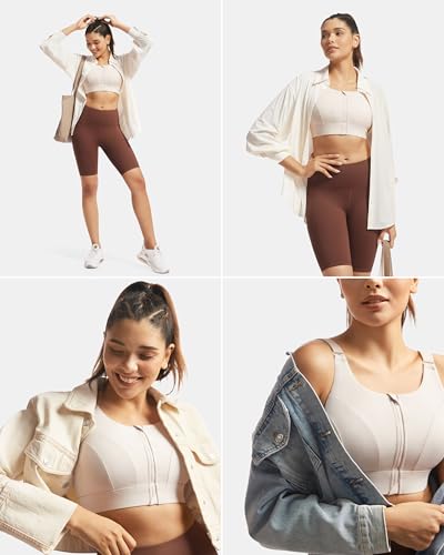 VFUS Women's Adjustable Zip Front Sports Bra - Large/Latte Beige